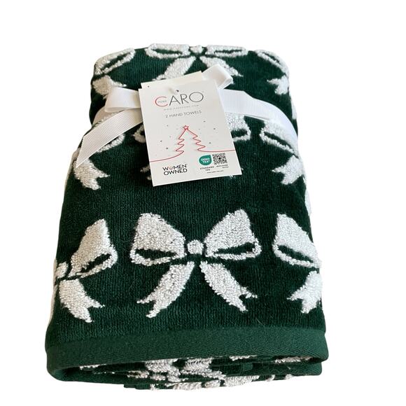 Caro Home CHRISTMAS BOW Hand Towels Set of 2 Green & White Holiday Decor - Picture 10 of 16